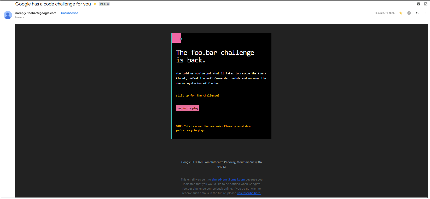 The foo.bar challenge email, sitting in my inbox since June 2019